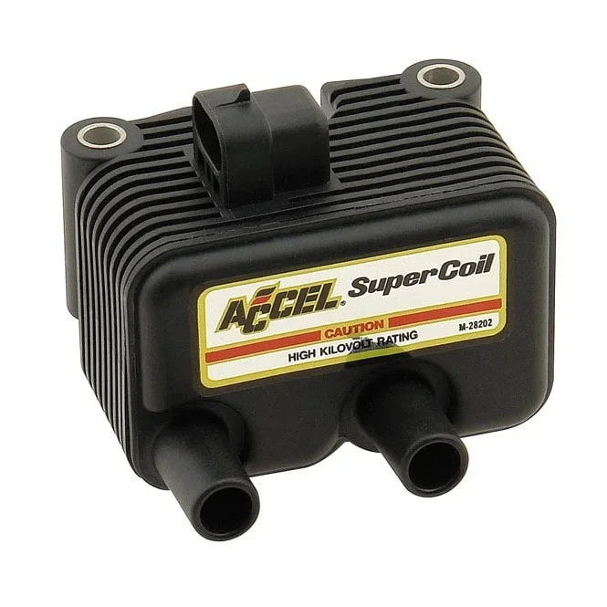 Accel Twin Cam dual fire Super Coil. 12V / 0.5 Ohm 00-06 Softail; 99-05 Dyna; 02-06 FLT; 04-06 XL. (single fire, carburetted)
