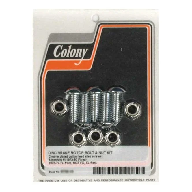 Colony front/rear brake rotor bolt & nut kit. Chrome button Front: 73-74 FL; 1973 FX, XL Rear: 73-80 FL