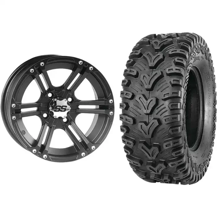 Set of 2 Mounted Wheel and Tire Kit Wheel 12×7 5+2 4/110 Tire 24×8-12 6 Ply
