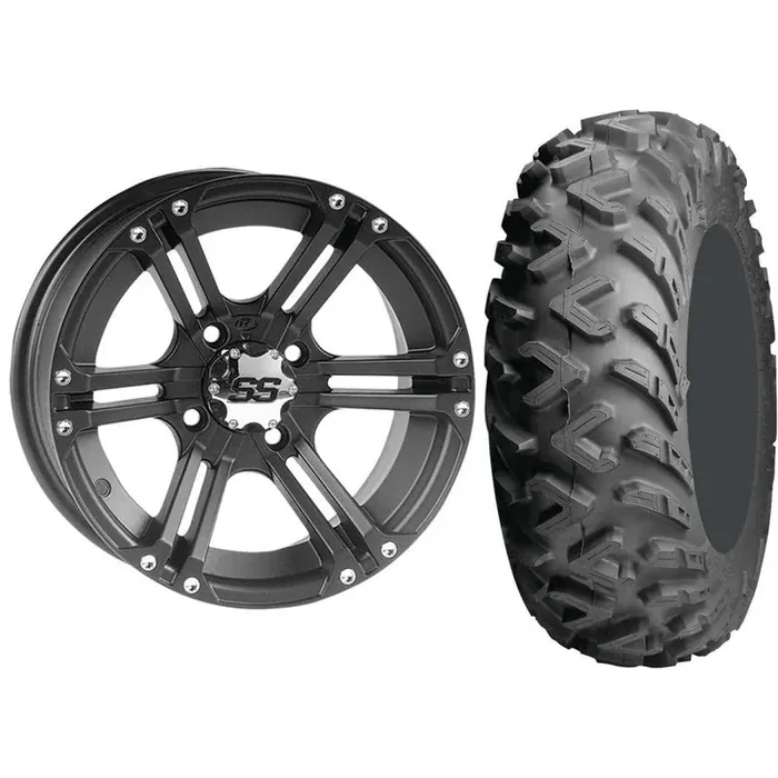 Set of 2 Mounted Wheel and Tire Kit Wheel 12×7 5+2 4/110 Tire 25×8-12 6 Ply